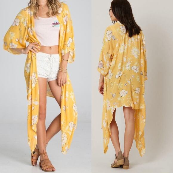 🦃 Billabong Desert Dreams Yellow Floral Summer Cardigan Boho Bohemian Beach M L - Picture 1 of 8